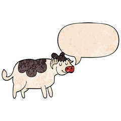 cartoon cow and speech bubble in retro texture style