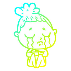 cold gradient line drawing cartoon crying woman hugged up