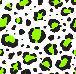 Vector seamless pattern of black and neon green leopard dots fur print isolated on white background 
