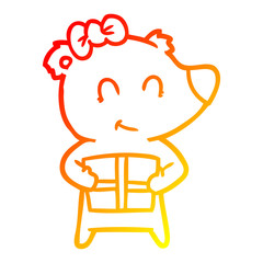 warm gradient line drawing female polar bear with christmas present