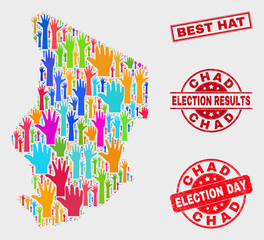 Obraz premium Ballot Chad map and seal stamps. Red rectangular Best Hat distress stamp. Colorful Chad map mosaic of upwards election arms. Vector combination for election day, and ballot results.