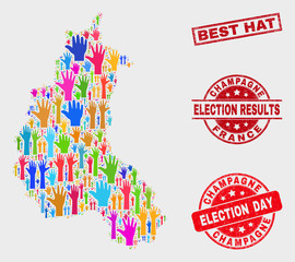 Ballot Champagne Province map and seal stamps. Red rectangle Best Hat textured seal stamp. Colored Champagne Province map mosaic of upwards raising hands. Vector composition for election day,