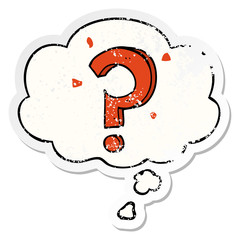 cartoon question mark and thought bubble as a distressed worn sticker