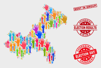 Election Chongqing City map and stamps. Red rectangle Best in Group scratched stamp. Colored Chongqing City map mosaic of upwards solution arms. Vector collage for election day,
