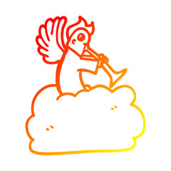 warm gradient line drawing cartoon angel on cloud with trumpet