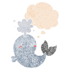 cartoon whale spouting water and thought bubble in retro textured style