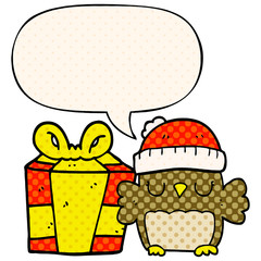 cute christmas owl and speech bubble in comic book style