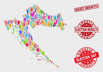 Election Croatia map and seal stamps. Red rectangular Best Month distress seal. Colored Croatia map mosaic of raised up help hands. Vector combination for election day, and ballot results.