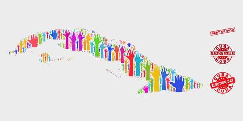 Fototapeta premium Election Cuba map and seal stamps. Red rectangle Best of 2010 scratched seal. Colorful Cuba map mosaic of raised up raising arms. Vector combination for election day, and referendum results.