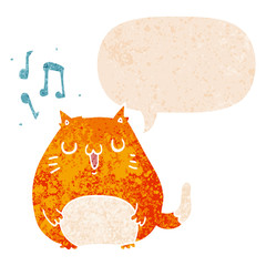 cartoon cat singing and speech bubble in retro textured style