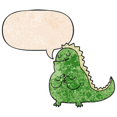 cartoon dinosaur and speech bubble in retro texture style