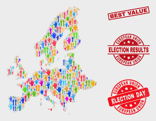 Election European Union map and seals. Red rectangular Best Value distress watermark. Colorful European Union map mosaic of raised election hands. Vector combination for election day,