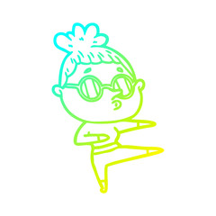 cold gradient line drawing cartoon woman wearing glasses