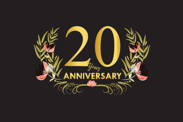 20 Years anniversary golden watercolor wreath illustration vector