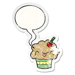 funny cartoon cupcake and speech bubble distressed sticker