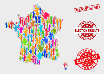 Ballot France map and stamps. Red rectangle Bestseller scratched seal. Bright France map mosaic of raised help arms. Vector composition for election day, and ballot results.