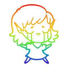 rainbow gradient line drawing cartoon crying elf girl