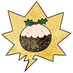 cartoon christmas pudding and speech bubble in retro texture style