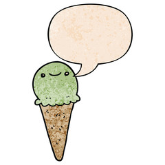 cartoon ice cream and speech bubble in retro texture style