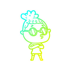 cold gradient line drawing cartoon woman wearing glasses