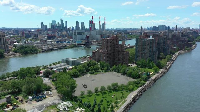 Aerial video Roosevelt Island and Hunters Point New York