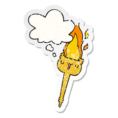 cartoon flaming torch and thought bubble as a distressed worn sticker