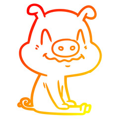 warm gradient line drawing nervous cartoon pig sitting