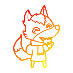 warm gradient line drawing cartoon hungry wolf in winter clothes