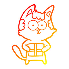 warm gradient line drawing happy cartoon cat with present