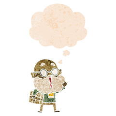 cartoon joyful man with beard and parcel under arm and thought bubble in retro textured style