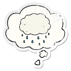 cartoon rain cloud and thought bubble as a distressed worn sticker