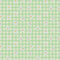 Daisy and Gingham Seamless Pattern. Floral Pastoral Illustration for Print, Background, Textile, and Wrapping Paper.