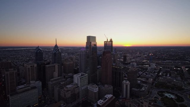 Philadelphia Pennsylvania Aerial v95 Panning away from downtown skyline with sunset in backdrop - October 2017