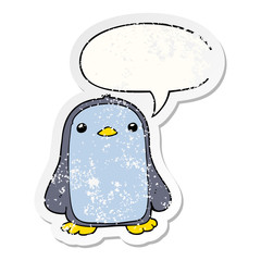 cute cartoon penguin and speech bubble distressed sticker