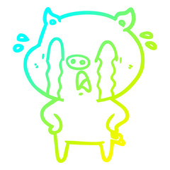 cold gradient line drawing crying pig cartoon