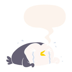 cartoon crying penguin and speech bubble in retro style