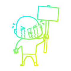 cold gradient line drawing cartoon crying bald man