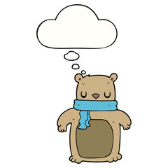 cartoon bear with scarf and thought bubble