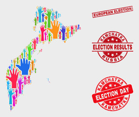 Poll Kamchatka map and seals. Red rectangular European Election grunge seal stamp. Colorful Kamchatka map mosaic of raised up ballot arms. Vector combination for election day, and ballot results.