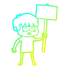 cold gradient line drawing cartoon exhausted boy with placard