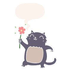 cartoon cat and flower and speech bubble in retro style