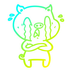 cold gradient line drawing crying pig cartoon