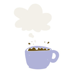 cartoon coffee cup and thought bubble in retro style