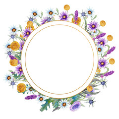 Romantic frame. Wildflowers in watercolor. Wedding concept with flowers. Floral poster, invitation. Watercolor arrangements for greeting card or invitation design. Round shape
