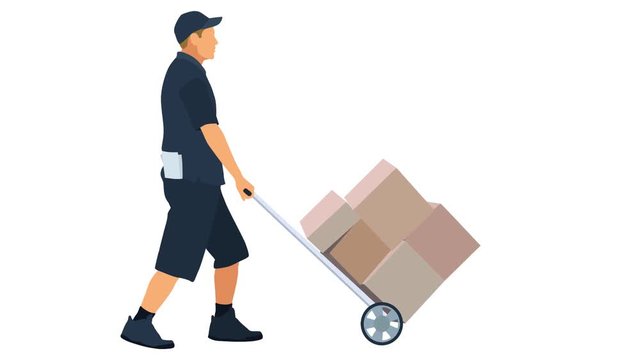 Delivery Man pushing a Dolly Full of Boxes