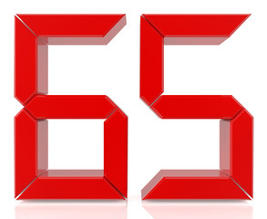 Red digital numbers 65 on white background 3d rendering