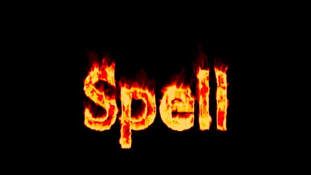 Animated burning or engulf in intense flames all caps text Spell. Isolated and against black background, mask included.