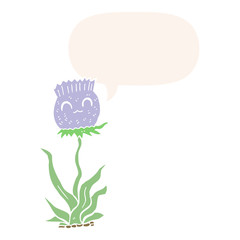 cartoon thistle and speech bubble in retro style