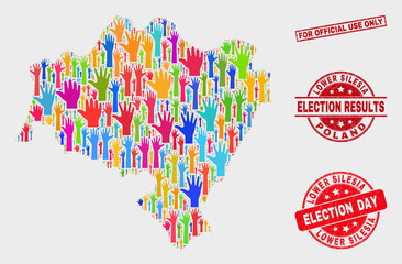 Democrat Lower Silesia Province map and seal stamps. Red rectangle For Official Use Only scratched seal stamp. Bright Lower Silesia Province map mosaic of raised decision arms.