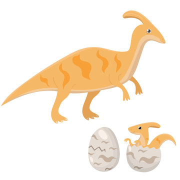 Dinosaur family Mama dinosaur and baby dinosaur hatch from egg. Vector image isolated on white background.